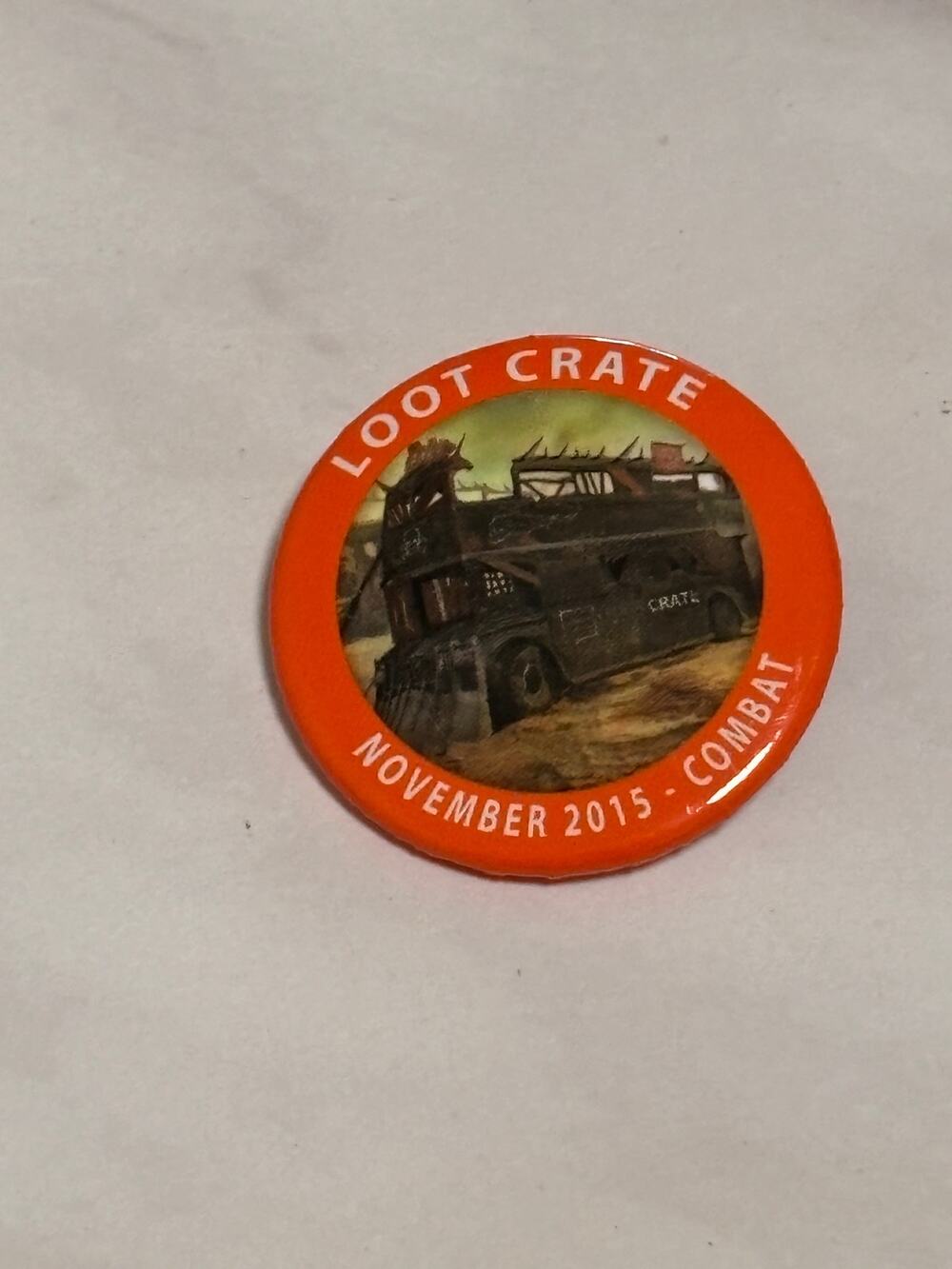 Loot Crate November 2015 Combat Armored Bus Orange 1.5" Button Badge Pin